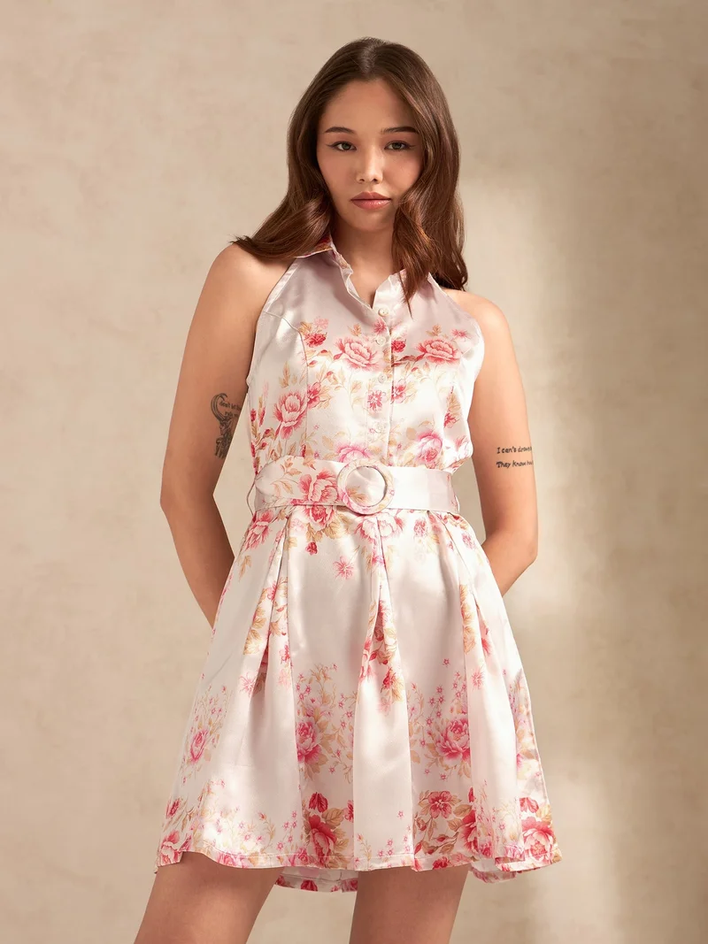 Outzidr  Pink Printed Flared Dress With Halter Neck And Belt Detail for Women | Best Price UAE
